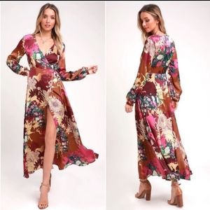 Put on a Smile Burgundy Floral Print Satin Wrap Maxi Dress